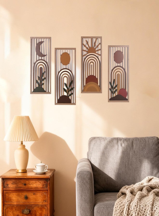 suruim Boho Wall Art Set of 4, Terracotta Wall Decor & Burnt Orange Bedroom Decor, Orange Modern Wall Art with Arch/Botanical Design - Mid-Century 3D Wooden Abstract Geometric Artwork for Home Living Room Office(C) - Image 2